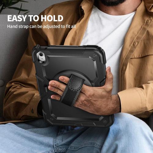 Ambison Case for iPad (A16) 11th/10th Generation 11''/10.9'' 2025/2022, [Kid Proof] Full Body Protective Case with 9H Tempered Glass Screen Protector, 360° Rotatable Kickstand & Hand Strap (Black)