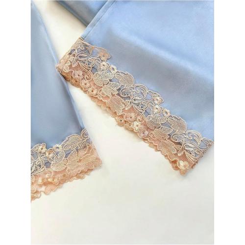 Size S Nordic Women's Satin Sleepwear 5 Piece Silk Pajamas Lace Trim Camisole Shorts Pants Nightgown Nightwear with Robe Set