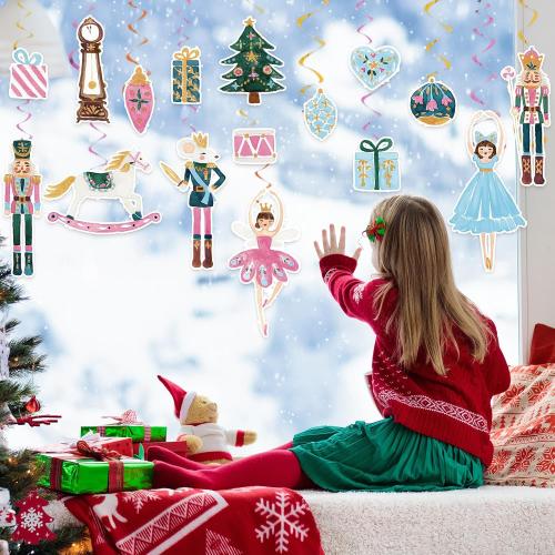 JarThenaAMCS 35Pcs Christmas Nutcracker Hanging Swirls Decoration Watercolor Pink Nutcracker Xmas Cartoon Ceiling Spiral Streamers Ornaments for Home Party Wall Supplies