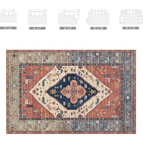 Size 6x9 Boho Floral Area Rug 6x9 - Rustic Oriental Southwestern Style with Aztec Inspired Patterns, Soft Machine Washable Non-Slip Rug, Vintage Rust Colored Rug for Living Room, Bedroom, Dining Room.