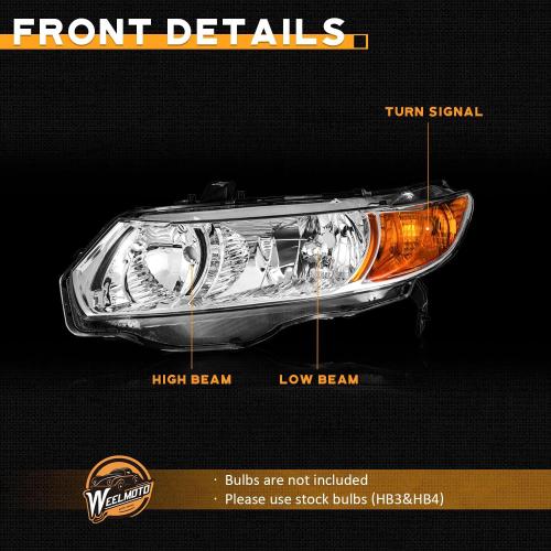 for 2006-2011 Honda Civic 2-Door Coupe Headlight Assembly Pair Headlamp Chrome Housing Amber Reflector Left Right Side