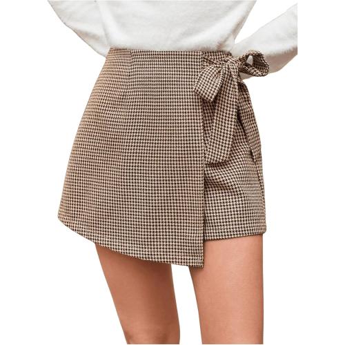 Floerns Women's Houndstooth Print Tie Front Skorts Asymmetrical Hem High Waist Skirt Shorts