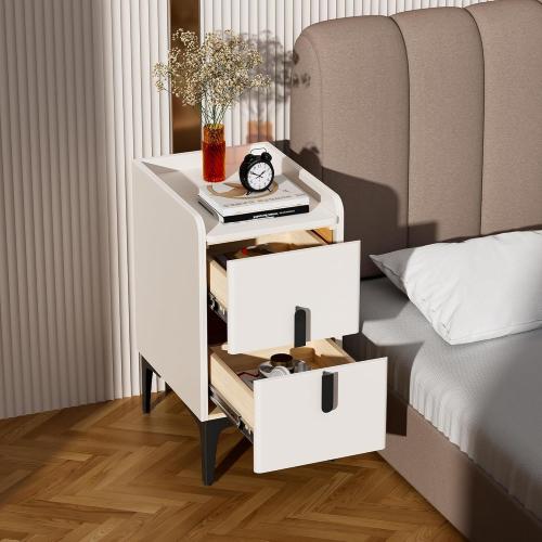VICITON Narrow Nightstand with 2 Drawers, Narrow Side Table Leather Surface, Slim Bedside Table for Bedrooms, Dormitories, Living Rooms (Cream White, 15.7 D x 11.8 W x 22.4 H)