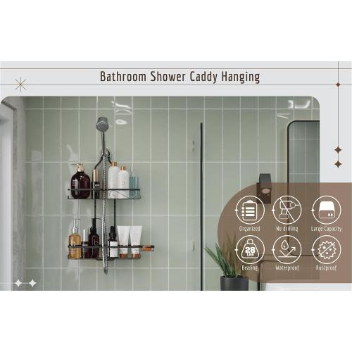 Adjustable Shower Caddy Hanging Rustproof Shower Caddy for Handheld Showerheads, Shower Organizer with Hooks Soap Holder Toothbrush Holder, Anti-Swing Shower Rack Bathroom Accessories, Black (Black)