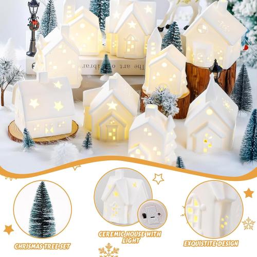 Set of 28 Ceramic Christmas Village Sets 8 Pieces White House with 18 Pieces Snow Tree 2 Lamp Vintage Christmas Decoration for Mantle Table Top Decor (Elegant)