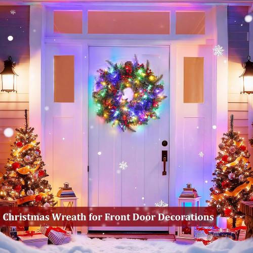 24 Inch Lighted Christmas Wreaths for Front Door, Christmas Wreath Outdoor with Pinecones Berried 50 Warm White & Multicolor Lights 8 Modes Timer Norfolk Pine Wreath Xmas Wreaths for Home Wall Window