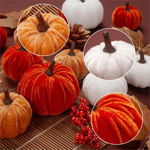 21 PCS Fall Artificial Velvet Pumpkins Set, Fake Fabric Pumpkin Faux Foam Pumpkins, Orange Khaki White Pumpkin Decorations for Fall Harvest Thanksgiving Farmhouse Table Centerpiece
