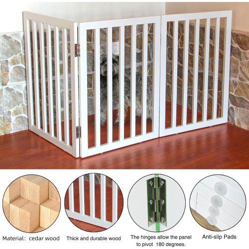 ZJSF Freestanding Indoor Dog Gate for House Foldable Wood White Puppy Gate for Doorways Pet Gate for Stairs Extra Wide Pet Fence 24 Height 3 Panels