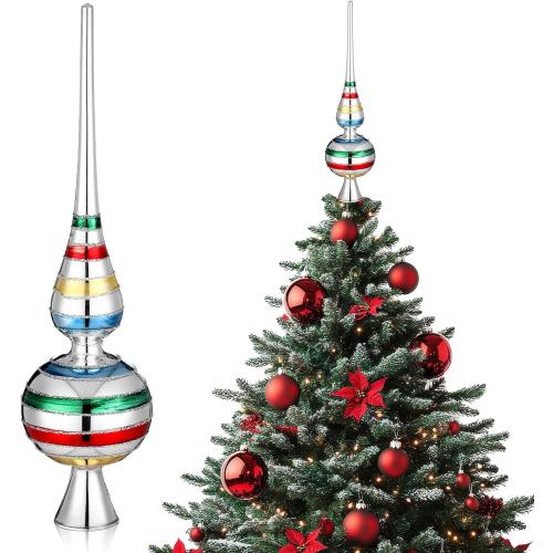 Gejoy Mercury Glass Christmas Finials Tree Topper Vintage Mid Century Colorful Ornaments Retro Spherical Blown Glass Xmas Tree Topper Finials Holiday Indoor Suitable for Party Decoration, 9.8inches