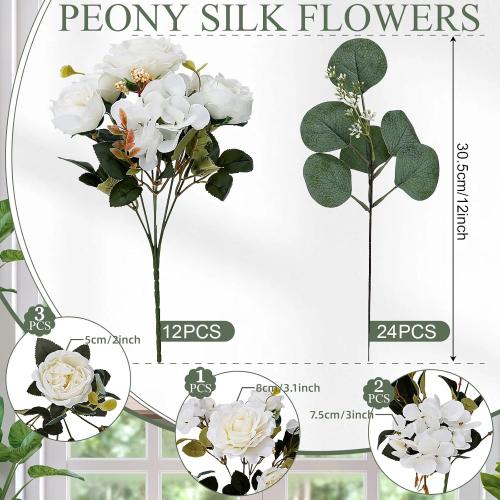 Peony Artificial Flowers, Faux Peonies Hydrangea Eucalyptus Bouquet 12 Packs Silk Vintage Realistic Peony Floral Arrangement for Wedding Centerpiece Table Vase Home Party Decor-Ivory White