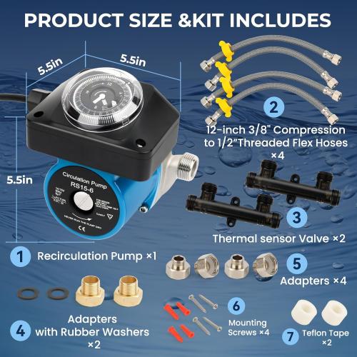 Hot Water Recirculating Pump Kit for Tank Water Heaters – Programmable Timer, Two Upgraded Brass Bypass Sensor Valves, 4-Line Configuration, Easy DIY Installation 0955805,595916