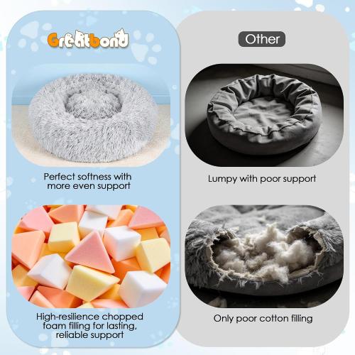 Calming Dog Bed for Medium Size Dogs, 31in Donut Washable Dog Bed with Removable Cover & Foam Filling, Anti-Slip Round Cat Bed Indoor Anti-Anxiety Fluffy Plush Fur Bed, Fits up to 60lbs Pets, Grey