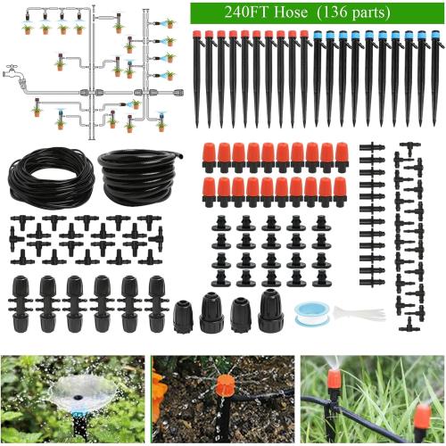 240FT Drip Irrigation System Kit, Automatic Garden Watering Misting System for Greenhouse, Yard, Lawn, Plant with 1/2 inch Hose 1/4 inch Distribution Tubing and Accessories