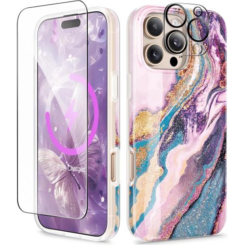 GVIEWIN for iPhone 16 Pro Max Case Compatible with MagSafe, with Screen & Lens Protectors, Military-Grade Protection Slim Marble Shockproof Magnetic Phone Case for 16 Pro Max 6.9, Dreamland River