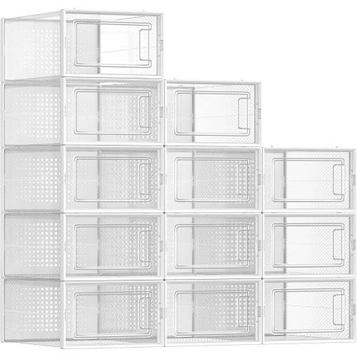 SONGMICS Shoe Boxes, Pack of 12 Shoe Storage Organizers, Stackable Clear Plastic Boxes for Closet, Sneakers, 13.1 x 9.1 x 5.6 Inches, Transparent and White ULSP12SWT