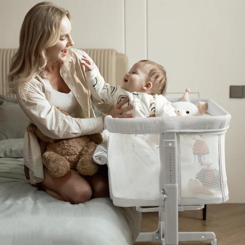 AMKE Baby Bassinets, Bedside Sleeper for Baby,All mesh Baby Crib Portable Bassinets for Safe Co-Sleeping, Safe Adjustable Baby Bed for Baby Infant Newborn Girl Boy (Ivory-White)