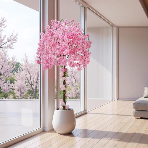 Artificial Cherry Blossom Tree, 6FT Height with 100 LED Lights, Faux Silk Plant in Pot for Home, Office, Wedding, Garden, Party, and Hotel Decorations (Pink, 6FT)