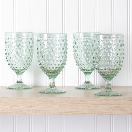 Martha Stewart Chauncey 4-Pack Hobnail Glass Goblets, 14.2 oz – Handmade Green Vintage Drinking Glasses, Textured Glassware for Water, Wine, or Entertaining