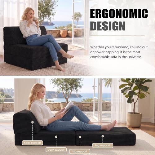 Kasunpul Folding Sofa Bed with Pillow, Memory Foam Fold Out Chair Bed, Convertible Sleeper Chair with Washable Cover, Futon Floor Couch for Living Room/Dorm/Guest Use/Home Office/Apartment, Black New