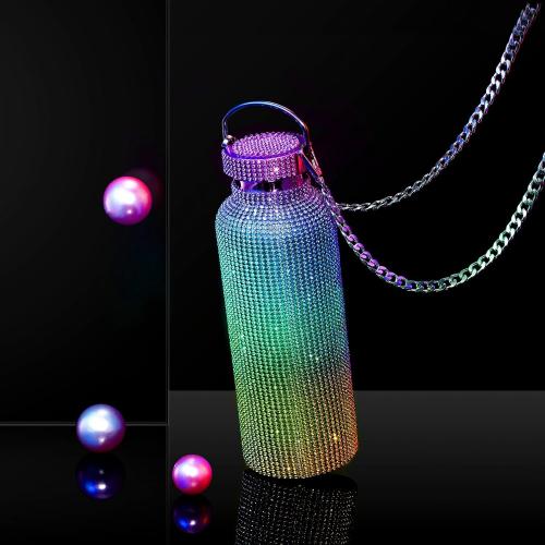 Geiserailie Diamond Water Bottle Bling Rhinestone Stainless Steel Thermal Bottle Refillable Insulated Glitter Water Jug with Chain for Women Girls Gifts(350 ml,Rainbow)
