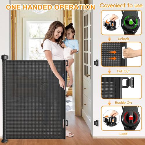 EZIGO 120 Inch Retractable Baby Gates, 41 Inch Extra Tall Retractable Gate | Reinforced Retractable Dog Gate with Rods, 10 FT Extra Long Mesh Pet Gate for Stairs Hallways Doorway Indoor Outdoor, Black