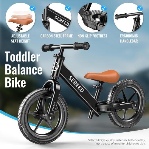 Black SEREED Toddler Balance Bike 2 Year Old, No Pedal Kids Bicycle Toys for 2-5 Years Old, Tool-Free Adjustment, Customize Plate with Stickers, Gift for 2-3 Boys Girls (Black)