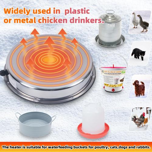 Chicken Water Heater Base for Winter,110W-15in,Suitable for Large Metal/Plastic Poultry Waterer Under 7 Gallons, with Automatic Temperature Control, Against Dry Heating and 8.2ft Power Cord