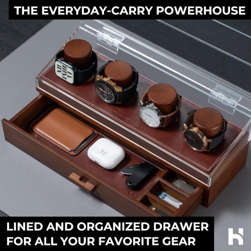 Holme & Hadfield Premium 4-Slot Wooden Watch Display Case – Handcrafted Men’s Watch Box with Accessory Drawer, Hinged Cover, Leather Lining – Christmas Gift for Collectors – Luxury Built to Last