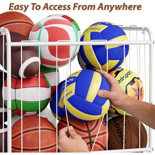 210L Rolling Ball Organizer with Locking Wheels - Large Sports Storage Basket for Basketball Soccer Football Volleyball, Steel Garage Equipment Cart with Elastic Rope for Household Storage