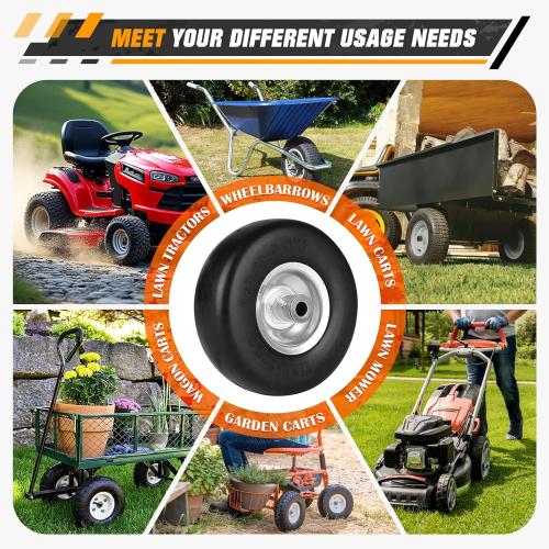 9x3.50-4 Flat Free Lawn Mower Tire and Wheel Smooth Tire with Rim for Commercial and Residential Walk-Behind Lawnmowers, Hand Trucks, Garden Carts and Trailers | 4 Centered Hub | Bore ID 3/4 4PCS