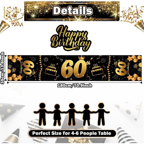 Happy 60th Birthday Table Runner Black Gold 72 Inch Long Celebrate 60th Birthday Table Runner for 60 Years Old Men Women Anniversary Party Decor Non-Slip Dining Table Linen Cloth Decorations