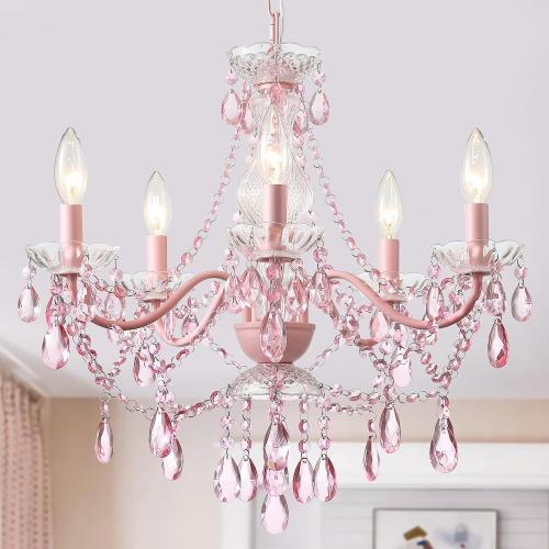 AMZASA Modern Crystal Pink Chandelier, Not Acrylic Crystal,Pink Crystals Hanging Pendant Light for Girls Room,Ceiling Medallions, Farmhouse Glass Chandelier for Wedding, Kitchen, Dining,Foyer,Island