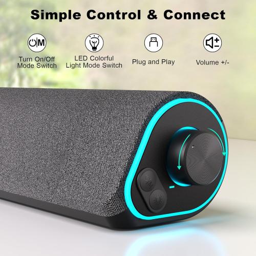 SOULION R50 Bluetooth Computer Speakers, 3.5mm PC Sound Bar for Desktop Monitor, Wired USB Powered & Colorful LED Lights with Switch Button, Surround Sound Soundbar PC Spearkers for Computer