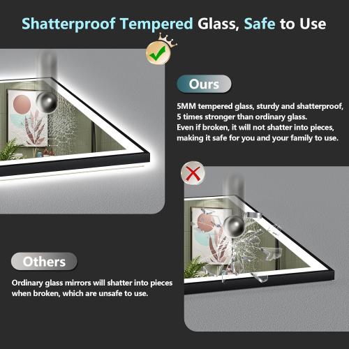40x32 Black Framed LED Bathroom Mirror with Lights, Backlit and Front Lit Anti-Fog Lighted Vanity Mirrors for Bathroom Wall, Dimmable, 3 Colors, Memory, HD Tempered Glass, Horizontal/Vertical