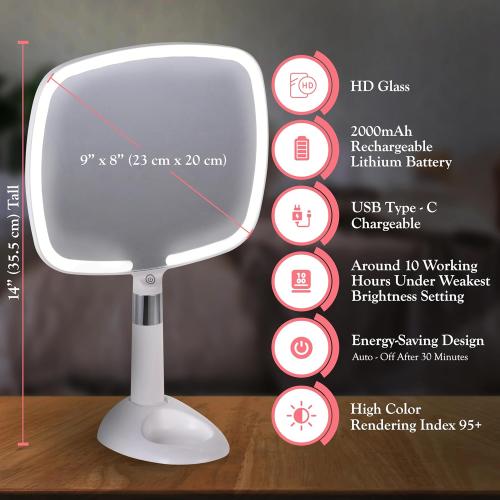 Size 9x13 Color White MIRRORVANA Lighted Travel Hand Mirror with Comfy Handle and Detachable Stand - Portable, Thin and Lightweight Design - Rechargeable with 3 LED Light Settings - 9 x 13 (White)