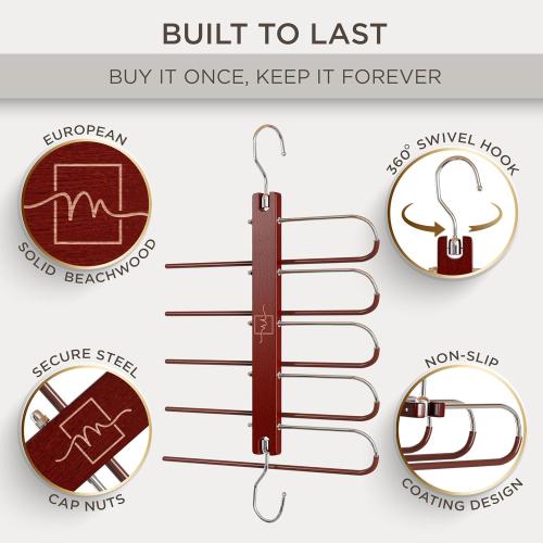 Pack of 2 Color Brown MORALVE Pants Hangers Space Saving - 2 Pack European Beechwood Scarf and Jean Hangers - Closet Organizer and Space Saver Pant Rack, Leggings Hanger, and Scarf Holder with 360° Swivel Hook