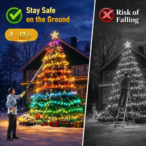 4-12 FT Christmas Light Telescopic Hanger Pole with Utility Hook, Stand Reach 30 Feet Long 3/4 inch Threaded Pole Reaching High Place for Hanging and Installation Lights String, Clothes and Birdfeeder