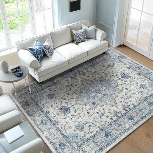 Area Rugs 8'x10' Washable Non-Slip, Floral Vintage Distress Print Pattern Medallion Carpet for Living Room Bedroom Dining Room, Light Blue Navy Beige Gray White