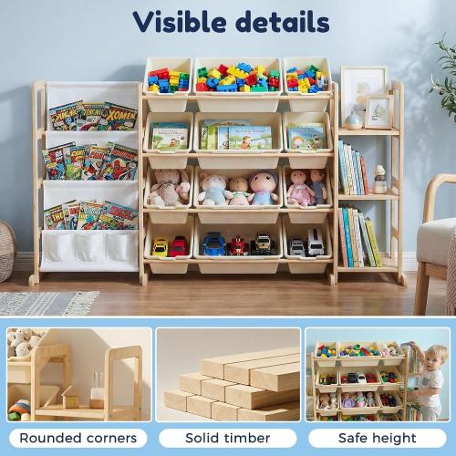 Large Toy Storage Organizer with 12 Bins, 4-Tier Bookshelf & 3 Side Shelves, 59 Wide Kids Room Organization, Easy Assembly for Playroom, Bedroom, Nursery Room, White