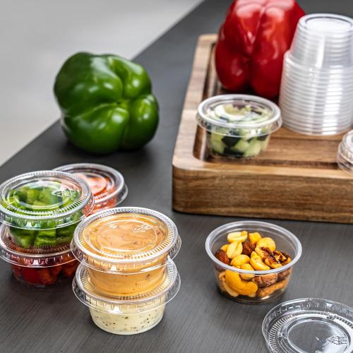 Amazon Basics Disposable Plastic To-Go Cups and Lids, Mini, 2oz, 50 Count, BPA Free, for Condiment, Salad Dressing, Sauces, Jello Shots