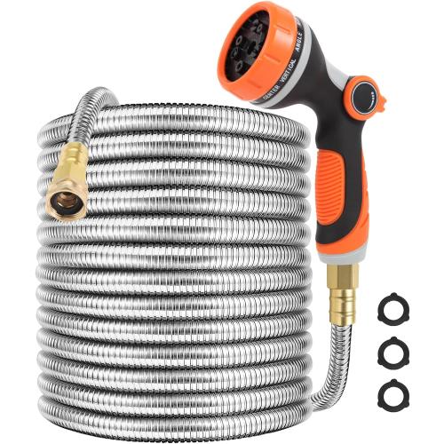 Metal Garden Hose 50 ft with 10 Function Sprayer Nozzle, Lightweight Stainless Steel Water Hose with 3/4 Solid Fittings, Flexible Kink Free Leak Proof for Yard, Patio, Outdoor & Car washing