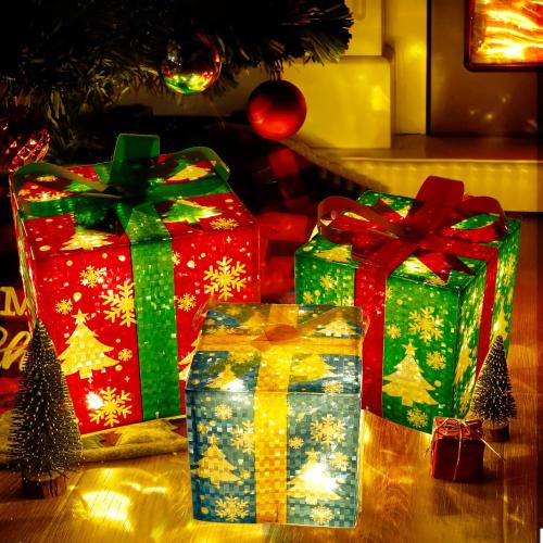Set of 3 Christmas Lighted Gift Boxes Decorations, Light up Present Box with Snowflake, Perfect for Christmas Tree Home Indoor Outdoor Holiday Party Decor