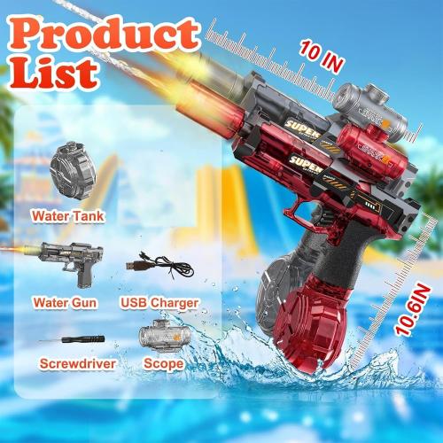 Electric Water Gun for Adults Kids, Squirt Guns Water Pistol | Automatic Water Blaster, Led Lighting, Powerful, Long Range, Rechargeable, Summer Outdoor Pool Beach Toys, Black & Red