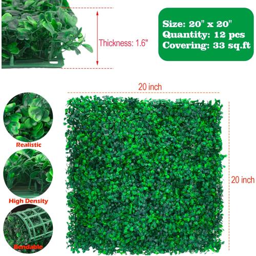 Grass Wall Panels, Boxwood Panels 20x20 inch -12 Pack Artificial Boxwood Panel for Indoor/Outdoor Greenery Wall Backdrop