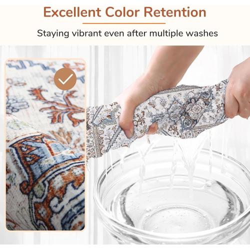 OPPODREAM Soft 10x14 Area Rugs, Neutral Washable Rugs 10x14 with Non Slip Backing, Low-Pile Faux Cashmere 10 x 14 Carpet, Cream White & Blue & Light Brown