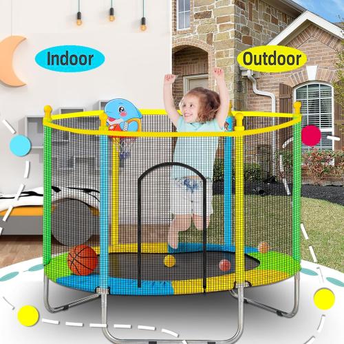 Juoe 55 Trampoline for Kids with Enclosure,Up to 440 Ibs Toddler Mini Trampoline with Net and Basketball Hoop,Indoor/Outdoor Toddler Trampoline for Kids,Gifts for Boys & Girls