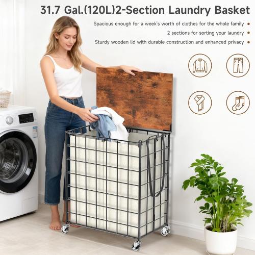Laundry Basket with Wheels, Heavy Duty Laundry Sorter 2 Sections, 120L (32Gal.) Large Capacity Laundry Hamper with Wood Lid, 360 Rolling Wheels, Extra Side Pocket, Leather Pull Handle, Beige