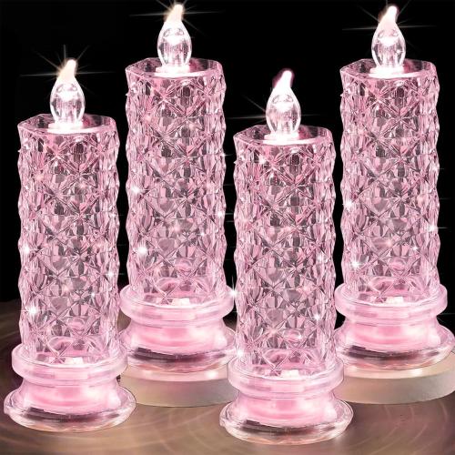 Rose Shadow LED Flameless Candles, 4PCS Romantic Battery Operated Candles Led Pillar Candles for Valentines Romantic Propose Anniversary Wedding Decorations(Pink, D 2.5 x H 7.2)