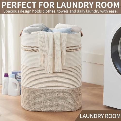 AINUOQI Laundry Basket with Handles - Blanket Basket & Hampers for Bedroom Aesthetic, Laundry Hamper & Blanket Storage for Living Room, Clothes Hamper, Tall, Large 17 x 14 x 22”, Light Brown & White