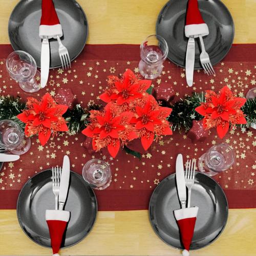 SPORTYOUTH 30 Pcs Red Poinsettia Artificial Christmas Flowers with Clips Stems, 5.5 Xmas Tree Decoration Ornaments Glitter Poinsettias Flower for Wreath Garland New Year Holiday Wedding Home Party